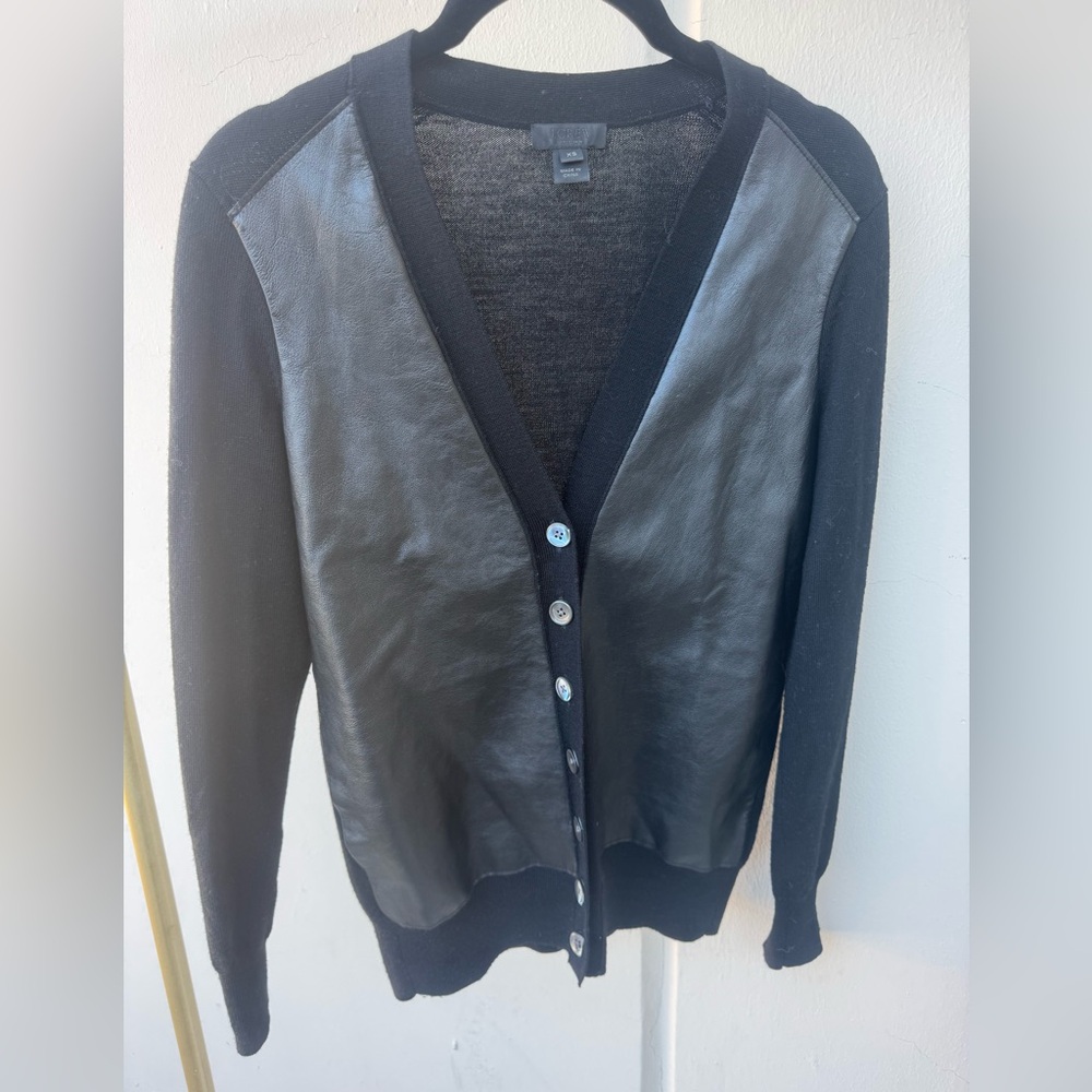 J. Crew Black Leather Panel Cardigan size XS